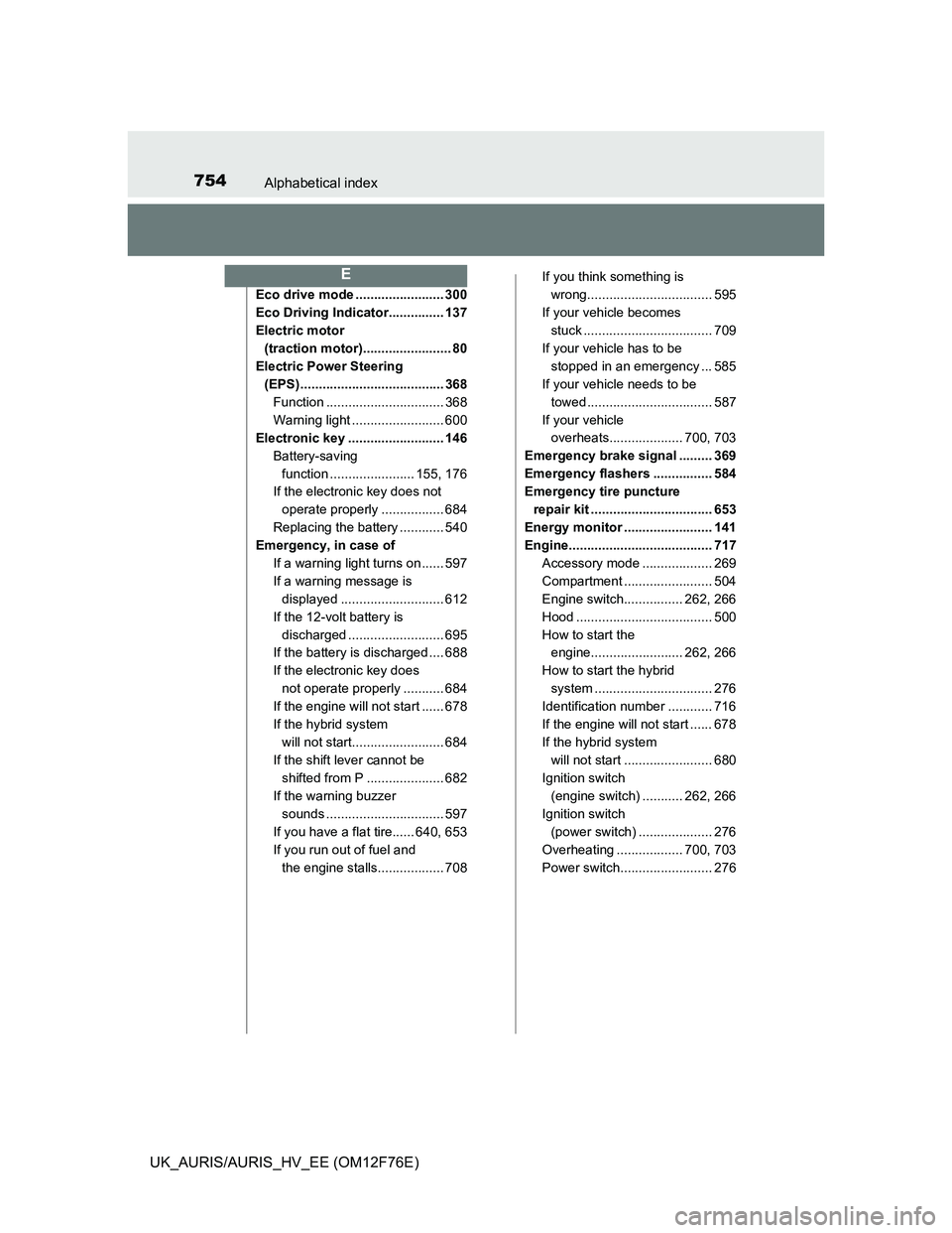 TOYOTA AURIS 2013 Owners Manual (in English) 754Alphabetical index
UK_AURIS/AURIS_HV_EE (OM12F76E)
Eco drive mode ........................ 300
Eco Driving Indicator............... 137
Electric motor
(traction motor)........................ 80
E TOYOTA AURIS 2013 Owners Manual (in English) 754Alphabetical index
UK_AURIS/AURIS_HV_EE (OM12F76E)
Eco drive mode ........................ 300
Eco Driving Indicator............... 137
Electric motor
(traction motor)........................ 80
E