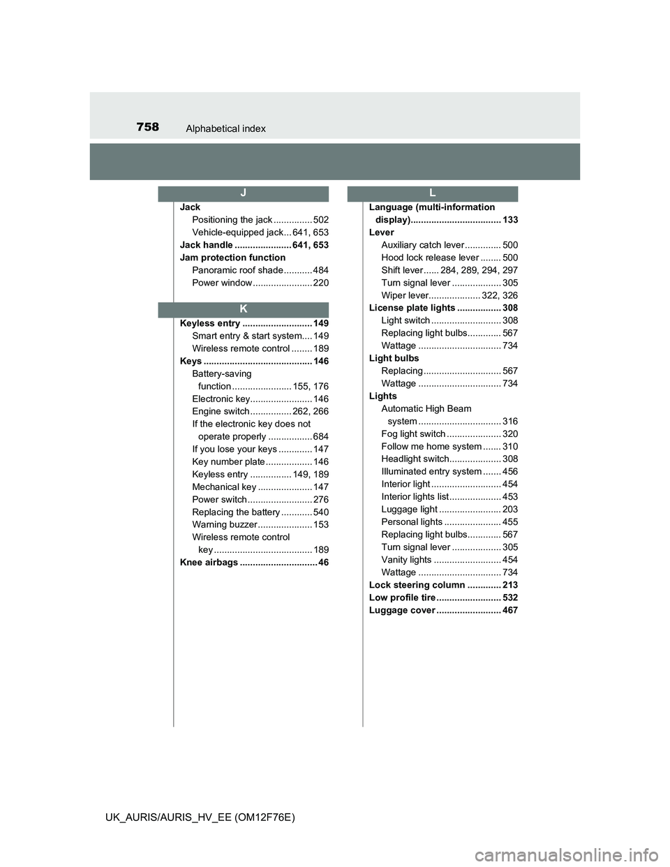TOYOTA AURIS 2013 Owners Manual (in English) 758Alphabetical index
UK_AURIS/AURIS_HV_EE (OM12F76E)
Jack
Positioning the jack ............... 502
Vehicle-equipped jack ... 641, 653
Jack handle ...................... 641, 653
Jam protection functi TOYOTA AURIS 2013 Owners Manual (in English) 758Alphabetical index
UK_AURIS/AURIS_HV_EE (OM12F76E)
Jack
Positioning the jack ............... 502
Vehicle-equipped jack ... 641, 653
Jack handle ...................... 641, 653
Jam protection functi