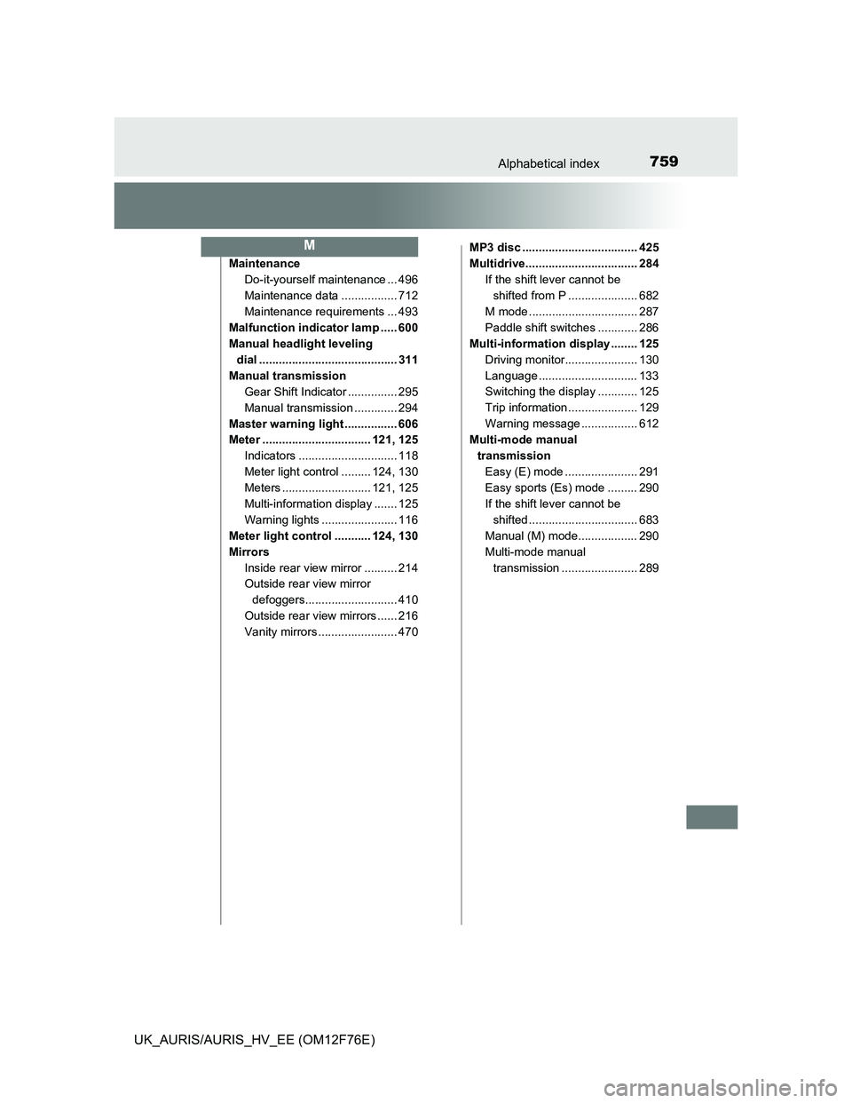 TOYOTA AURIS 2013 Owners Manual (in English) 759Alphabetical index
UK_AURIS/AURIS_HV_EE (OM12F76E)
Maintenance
Do-it-yourself maintenance ... 496
Maintenance data ................. 712
Maintenance requirements ... 493
Malfunction indicator lamp TOYOTA AURIS 2013 Owners Manual (in English) 759Alphabetical index
UK_AURIS/AURIS_HV_EE (OM12F76E)
Maintenance
Do-it-yourself maintenance ... 496
Maintenance data ................. 712
Maintenance requirements ... 493
Malfunction indicator lamp