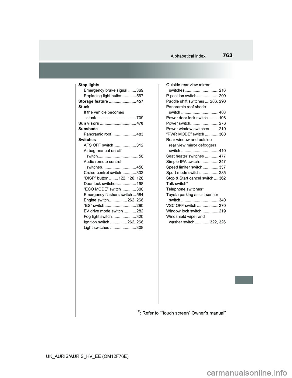TOYOTA AURIS 2013 (in English) Service Manual 763Alphabetical index
UK_AURIS/AURIS_HV_EE (OM12F76E)
Stop lights
Emergency brake signal ....... 369
Replacing light bulbs ............. 567
Storage feature ........................ 457
Stuck
If the v TOYOTA AURIS 2013 (in English) Service Manual 763Alphabetical index
UK_AURIS/AURIS_HV_EE (OM12F76E)
Stop lights
Emergency brake signal ....... 369
Replacing light bulbs ............. 567
Storage feature ........................ 457
Stuck
If the v