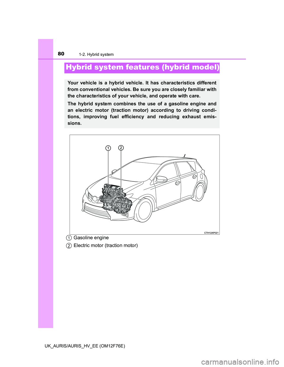 TOYOTA AURIS 2013   (in English) Manual PDF 80
UK_AURIS/AURIS_HV_EE (OM12F76E)
1-2. Hybrid system
Gasoline engine
Electric motor (traction motor)
Hybrid system features (hybrid model)
Your vehicle is a hybrid vehicle. It has characteristics dif