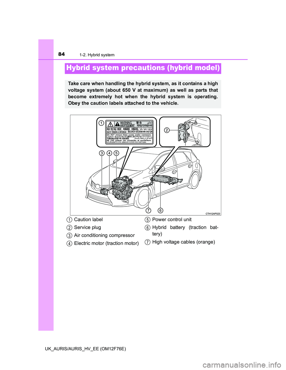 TOYOTA AURIS 2013  Owners Manual (in English) 841-2. Hybrid system
UK_AURIS/AURIS_HV_EE (OM12F76E)
Hybrid system precautions (hybrid model)
Take care when handling the hybrid system, as it contains a high
voltage system (about 650 V at maximum) a