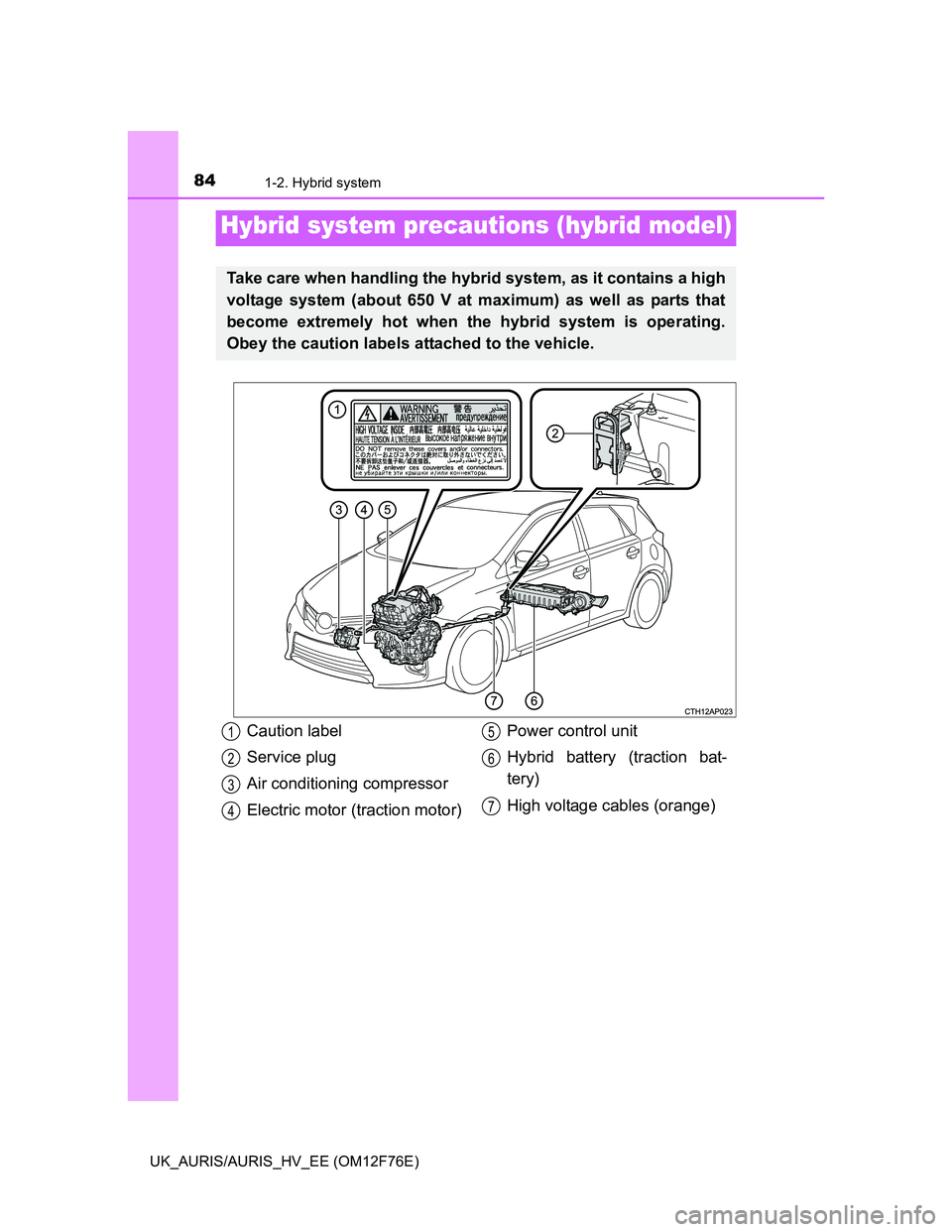 TOYOTA AURIS 2013 (in English) Manual Online 841-2. Hybrid system
UK_AURIS/AURIS_HV_EE (OM12F76E)
Hybrid system precautions (hybrid model)
Take care when handling the hybrid system, as it contains a high
voltage system (about 650 V at maximum) a TOYOTA AURIS 2013 (in English) Manual Online 841-2. Hybrid system
UK_AURIS/AURIS_HV_EE (OM12F76E)
Hybrid system precautions (hybrid model)
Take care when handling the hybrid system, as it contains a high
voltage system (about 650 V at maximum) a