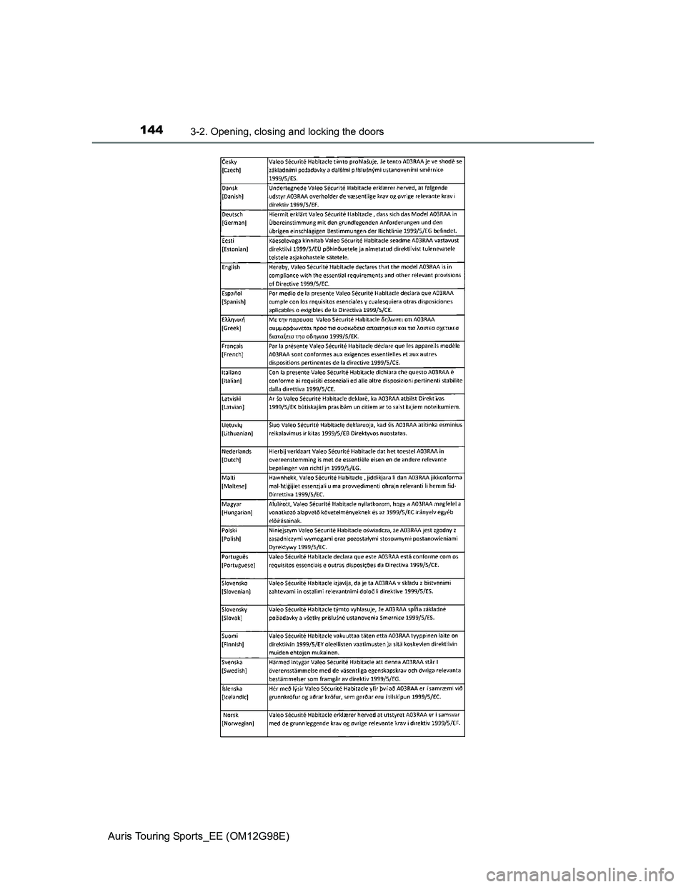 TOYOTA AURIS 2015  Owners Manual (in English) 1443-2. Opening, closing and locking the doors
Auris Touring Sports_EE (OM12G98E) 
