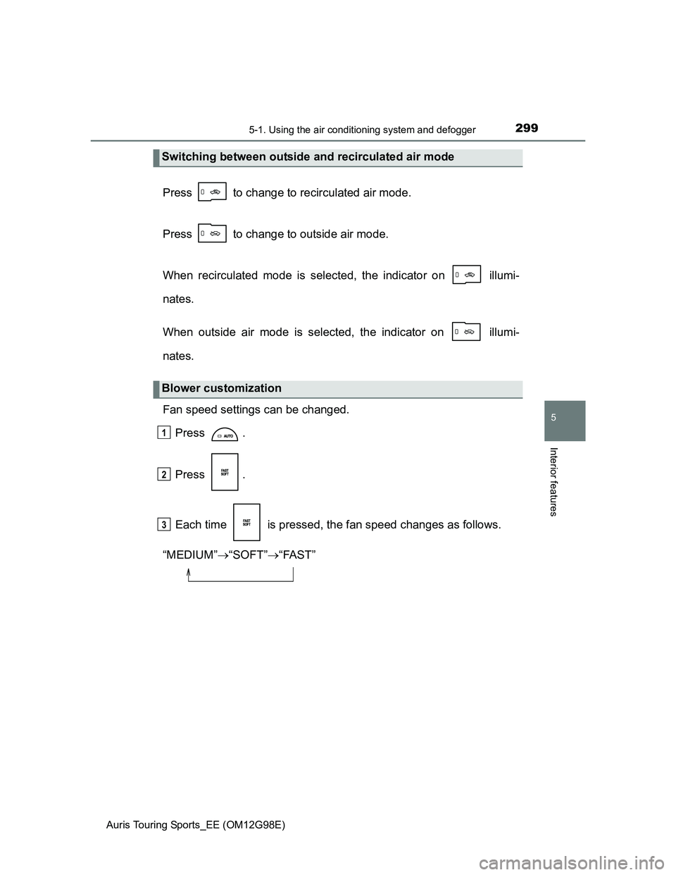 TOYOTA AURIS 2015  Owners Manual (in English) 2995-1. Using the air conditioning system and defogger
Auris Touring Sports_EE (OM12G98E)
5
Interior features
Press   to change to recirculated air mode.
Press   to change to outside air mode.
When re