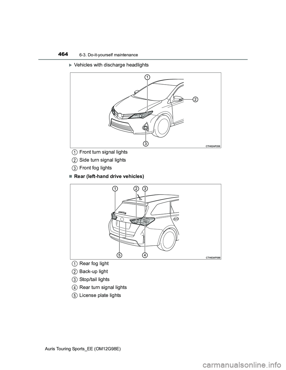TOYOTA AURIS 2015  Owners Manual (in English) 4646-3. Do-it-yourself maintenance
Auris Touring Sports_EE (OM12G98E)
Vehicles with discharge headlights
Rear (left-hand drive vehicles)
Front turn signal lights
Side turn signal lights
Front fo