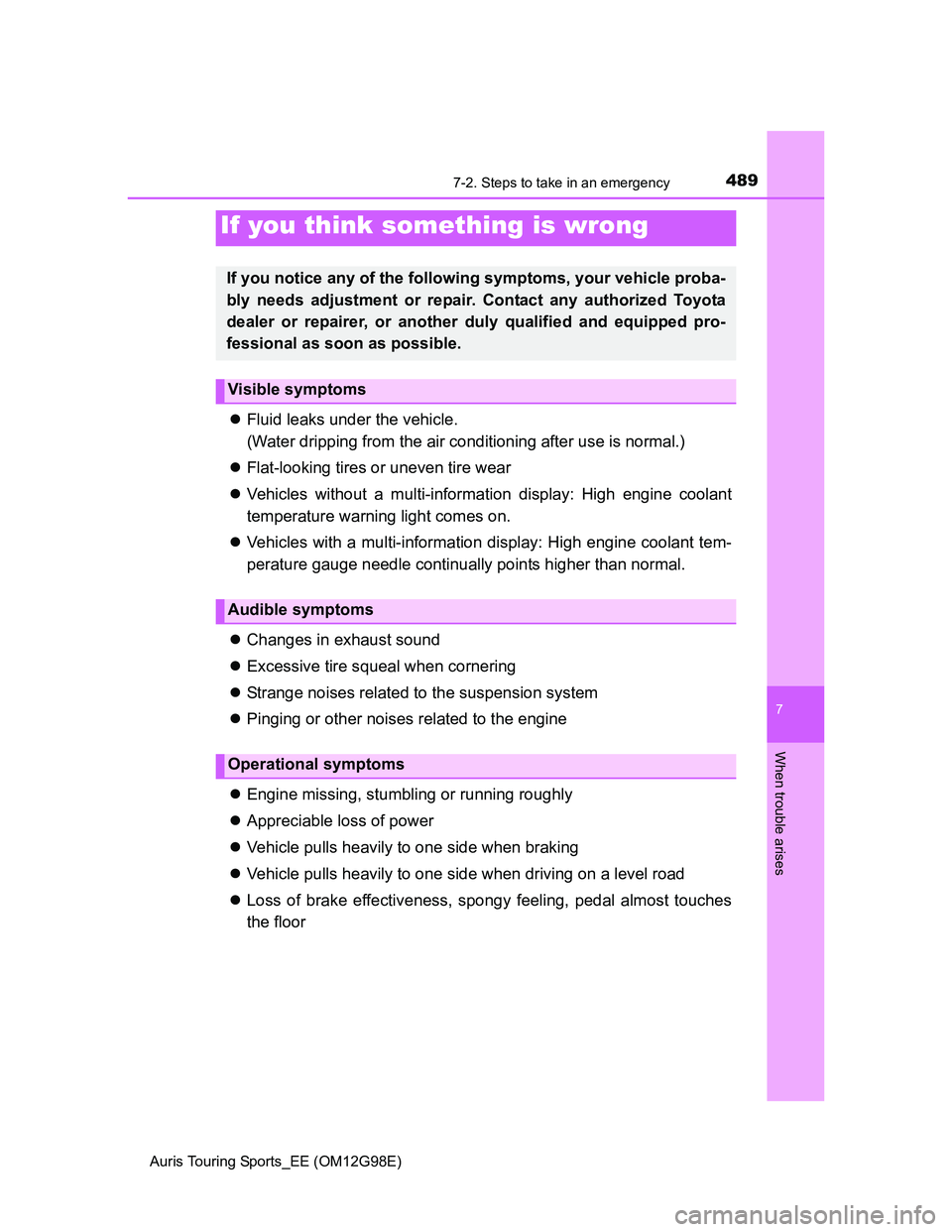 TOYOTA AURIS 2015 Owners Manual (in English) 4897-2. Steps to take in an emergency
Auris Touring Sports_EE (OM12G98E)
7
When trouble arises
Fluid leaks under the vehicle.
(Water dripping from the air conditioning after use is normal.)
Flat TOYOTA AURIS 2015 Owners Manual (in English) 4897-2. Steps to take in an emergency
Auris Touring Sports_EE (OM12G98E)
7
When trouble arises
Fluid leaks under the vehicle.
(Water dripping from the air conditioning after use is normal.)
Flat