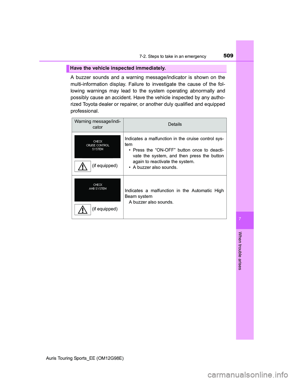 TOYOTA AURIS 2015 Owners Manual (in English) 5097-2. Steps to take in an emergency
Auris Touring Sports_EE (OM12G98E)
7
When trouble arises
A buzzer sounds and a warning message/indicator is shown on the
multi-information display. Failure to inv TOYOTA AURIS 2015 Owners Manual (in English) 5097-2. Steps to take in an emergency
Auris Touring Sports_EE (OM12G98E)
7
When trouble arises
A buzzer sounds and a warning message/indicator is shown on the
multi-information display. Failure to inv