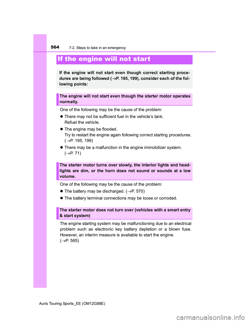 TOYOTA AURIS 2015  Owners Manual (in English) 5647-2. Steps to take in an emergency
Auris Touring Sports_EE (OM12G98E)
One of the following may be the cause of the problem:
There may not be sufficient fuel in the vehicle’s tank. 
Refuel the 