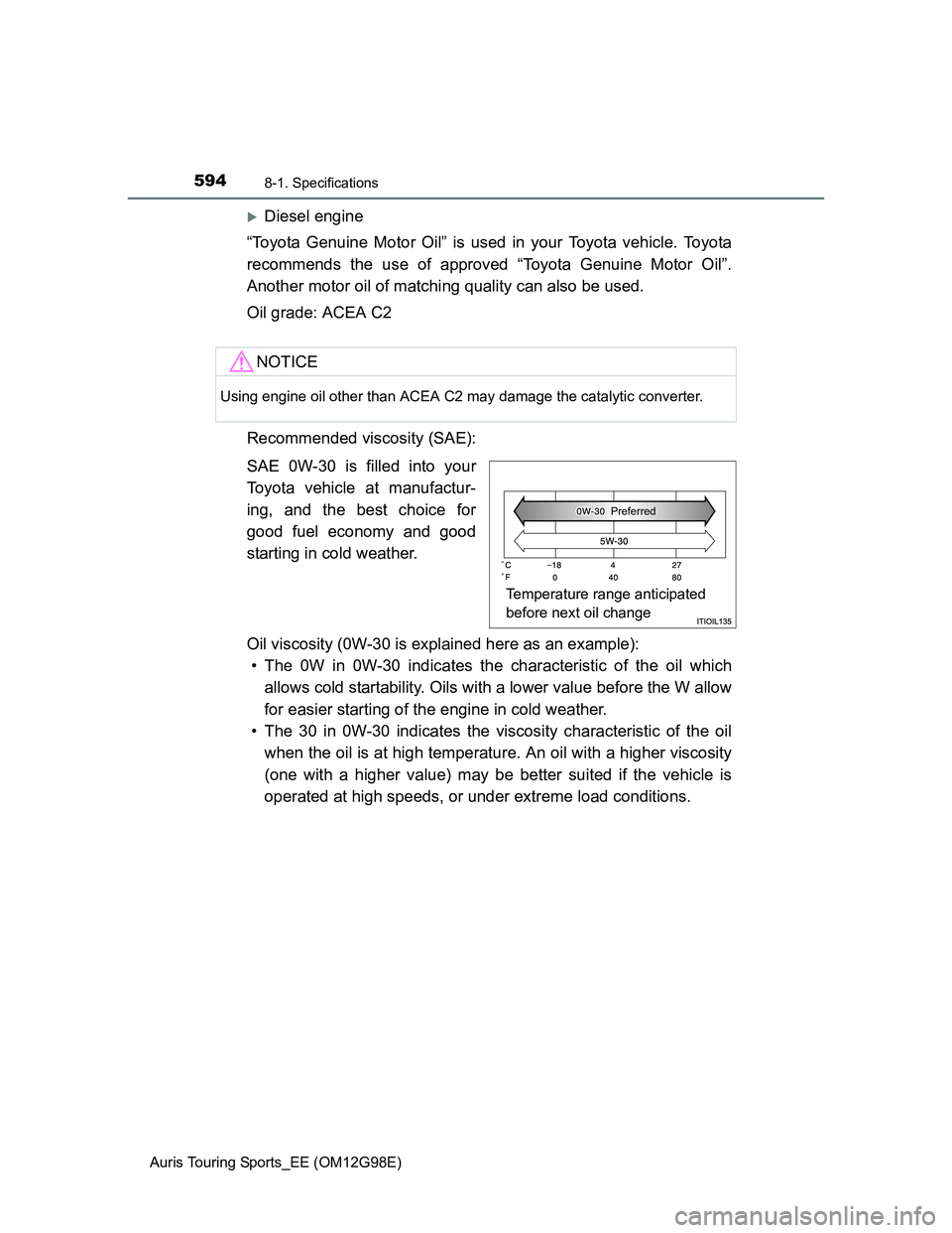 TOYOTA AURIS 2015  Owners Manual (in English) 5948-1. Specifications
Auris Touring Sports_EE (OM12G98E)
Diesel engine
“Toyota Genuine Motor Oil” is used in your Toyota vehicle. Toyota
recommends the use of approved “Toyota Genuine Motor 