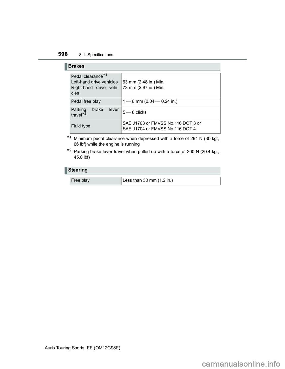 TOYOTA AURIS 2015  Owners Manual (in English) 5988-1. Specifications
Auris Touring Sports_EE (OM12G98E)
*1: Minimum pedal clearance when depressed with a force of 294 N (30 kgf,
66 lbf) while the engine is running
*2: Parking brake lever travel w