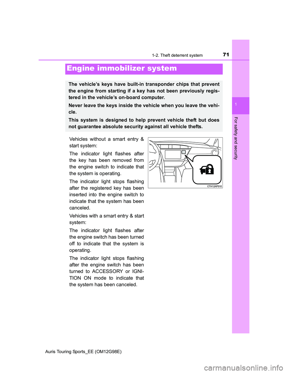 TOYOTA AURIS 2015  Owners Manual (in English) 71
1
For safety and security
Auris Touring Sports_EE (OM12G98E)
1-2. Theft deterrent system
Vehicles without a smart entry &
start system:
The indicator light flashes after
the key has been removed fr