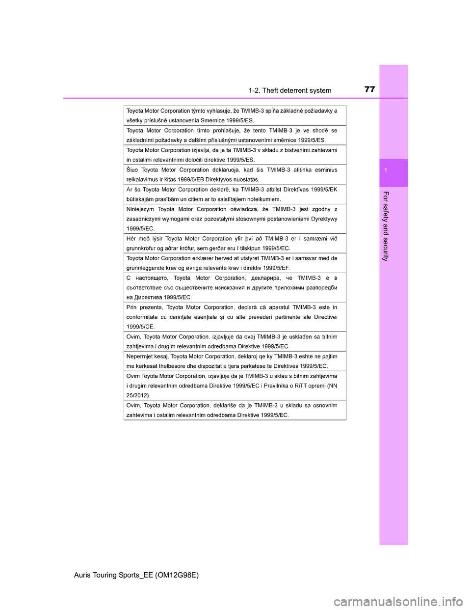 TOYOTA AURIS 2015   (in English) Manual PDF 771-2. Theft deterrent system
1
For safety and security
Auris Touring Sports_EE (OM12G98E) 