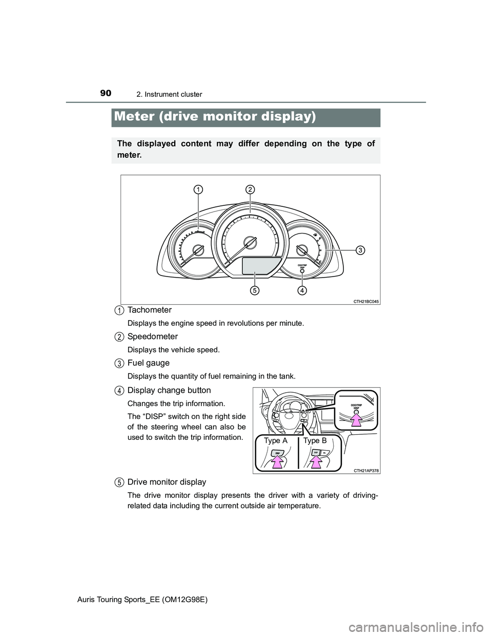 TOYOTA AURIS 2015  Owners Manual (in English) 902. Instrument cluster
Auris Touring Sports_EE (OM12G98E)
Tachometer
Displays the engine speed in revolutions per minute.
Speedometer
Displays the vehicle speed.
Fuel gauge
Displays the quantity of f