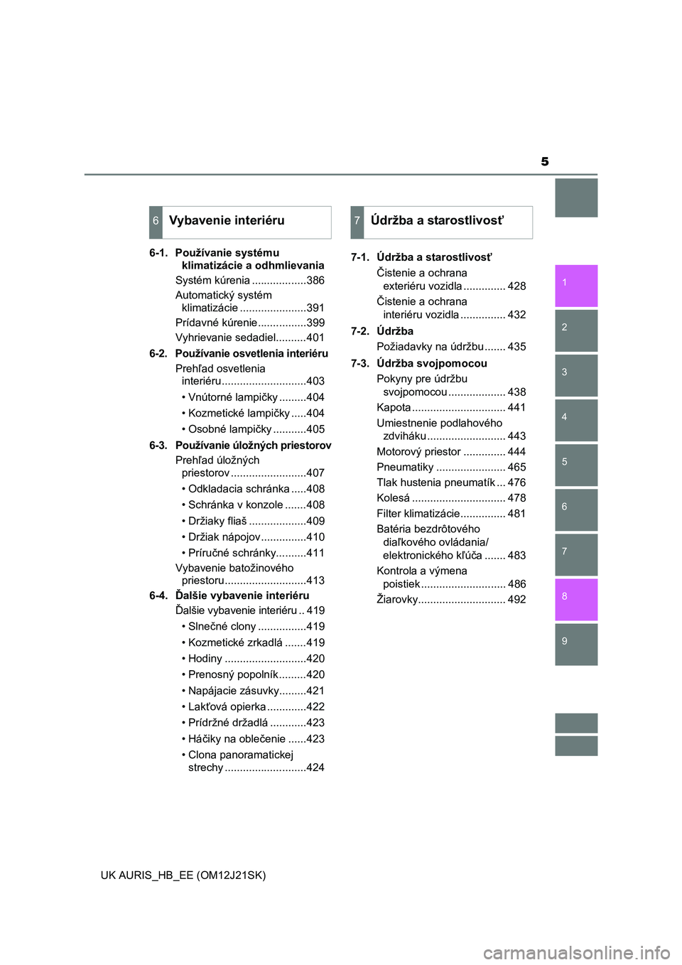 TOYOTA AURIS 2016  Návod na použitie (in Slovakian) 5
1
9 8
7 5 4
3
2
UK AURIS_HB_EE (OM12J21SK)
6
6-1. Používanie systému 
klimatizácie a odhmlievania
Systém kúrenia ..................386
Automatický systém 
klimatizácie .....................