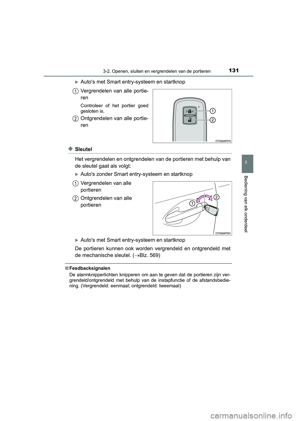 TOYOTA AURIS 2016  Instructieboekje (in Dutch) 1313-2. Openen, sluiten en vergrendelen van de portieren
UK AURIS_HB_EE (OM12J21E)
3
Bediening van elk onderdeel
Autos met Smart entry-systeem en startknop
Vergrendelen van alle portie-
ren
Contro