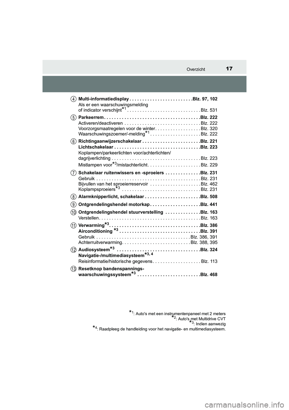 TOYOTA AURIS 2016  Instructieboekje (in Dutch) 17Overzicht
UK AURIS_HB_EE (OM12J21E)Multi-informatiedisplay . . . . . . . . . . . . . . . . . . . . . . . . .Blz. 97, 102
Als er een waarschuwingsmelding 
of indicator verschijnt
*1. . . . . . . . . 