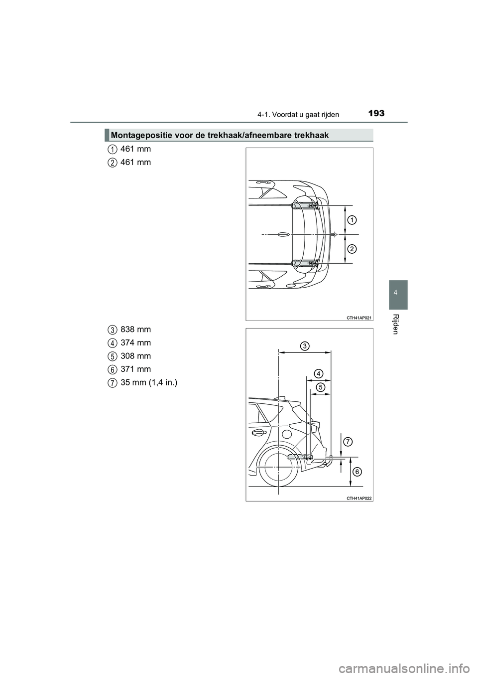 TOYOTA AURIS 2016 Instructieboekje (in Dutch) 1934-1. Voordat u gaat rijden
UK AURIS_HB_EE (OM12J21E)
4
Rijden
461 mm
461 mm
838 mm
374 mm
308 mm
371 mm
35 mm (1,4 in.)
Montagepositie voor de trekhaak/afneembare trekhaak
1
2
3
4
5
6
7
UK AURIS_HB TOYOTA AURIS 2016 Instructieboekje (in Dutch) 1934-1. Voordat u gaat rijden
UK AURIS_HB_EE (OM12J21E)
4
Rijden
461 mm
461 mm
838 mm
374 mm
308 mm
371 mm
35 mm (1,4 in.)
Montagepositie voor de trekhaak/afneembare trekhaak
1
2
3
4
5
6
7
UK AURIS_HB