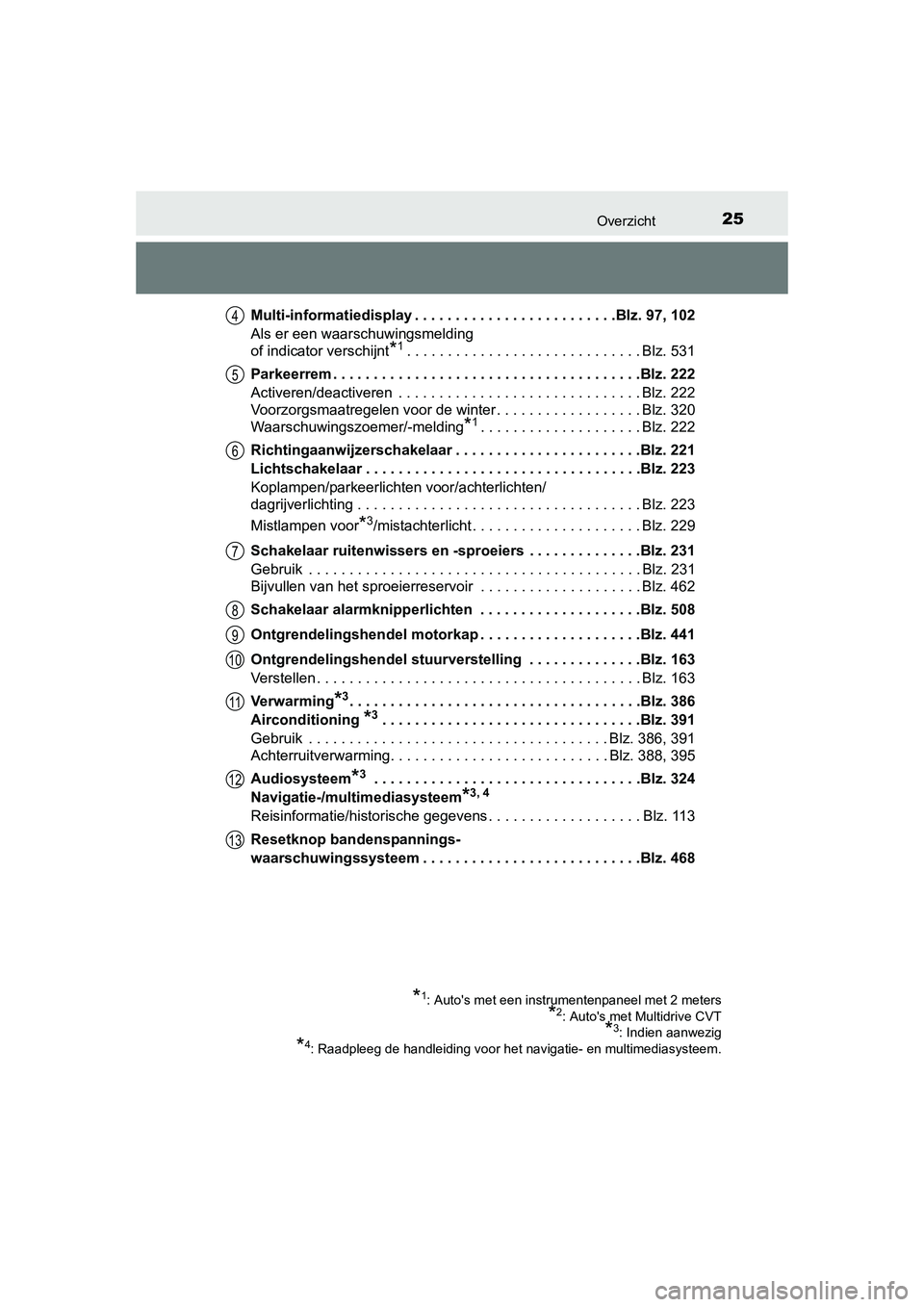 TOYOTA AURIS 2016  Instructieboekje (in Dutch) 25Overzicht
UK AURIS_HB_EE (OM12J21E)Multi-informatiedisplay . . . . . . . . . . . . . . . . . . . . . . . . .Blz. 97, 102
Als er een waarschuwingsmelding 
of indicator verschijnt
*1. . . . . . . . . 