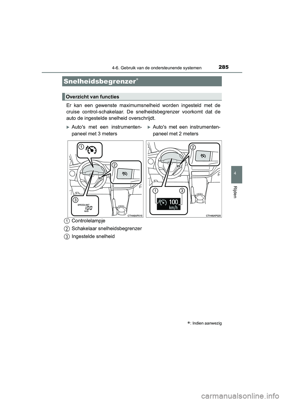 TOYOTA AURIS 2016 Instructieboekje (in Dutch) 2854-6. Gebruik van de ondersteunende systemen
UK AURIS_HB_EE (OM12J21E)
4
Rijden
Er kan een gewenste maximumsnelheid worden ingesteld met de
cruise control-schakelaar. De snelheidsbegrenzer voorkomt TOYOTA AURIS 2016 Instructieboekje (in Dutch) 2854-6. Gebruik van de ondersteunende systemen
UK AURIS_HB_EE (OM12J21E)
4
Rijden
Er kan een gewenste maximumsnelheid worden ingesteld met de
cruise control-schakelaar. De snelheidsbegrenzer voorkomt