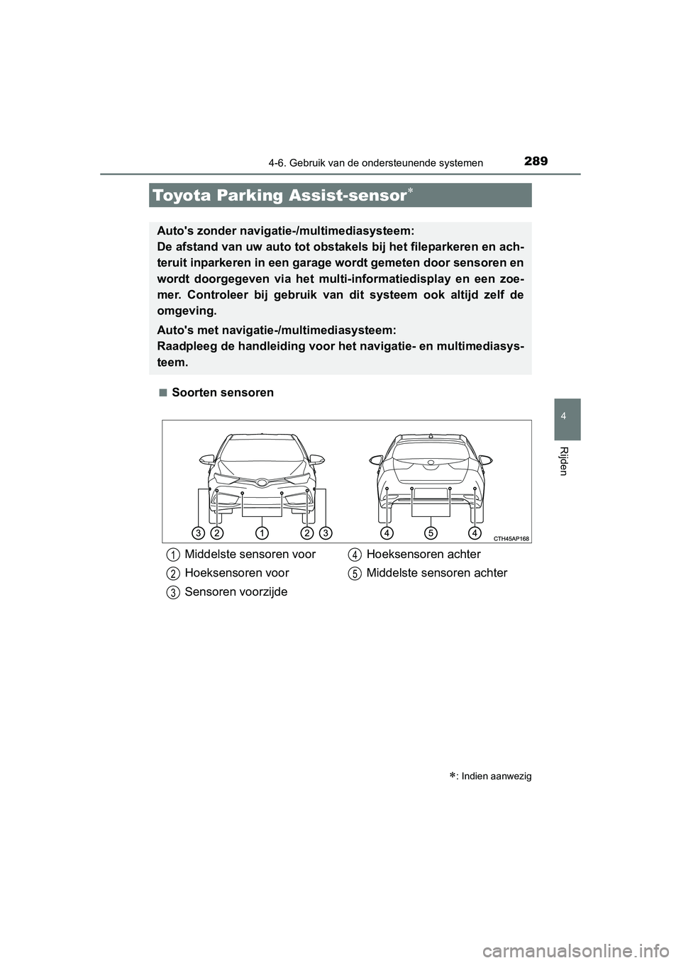 TOYOTA AURIS 2016 Instructieboekje (in Dutch) 2894-6. Gebruik van de ondersteunende systemen
UK AURIS_HB_EE (OM12J21E)
4
Rijden
■Soorten sensoren
Toyota Parking Assist-sensor
Autos zonder navigatie-/multimediasysteem:
De afstand van uw aut TOYOTA AURIS 2016 Instructieboekje (in Dutch) 2894-6. Gebruik van de ondersteunende systemen
UK AURIS_HB_EE (OM12J21E)
4
Rijden
■Soorten sensoren
Toyota Parking Assist-sensor
Autos zonder navigatie-/multimediasysteem:
De afstand van uw aut