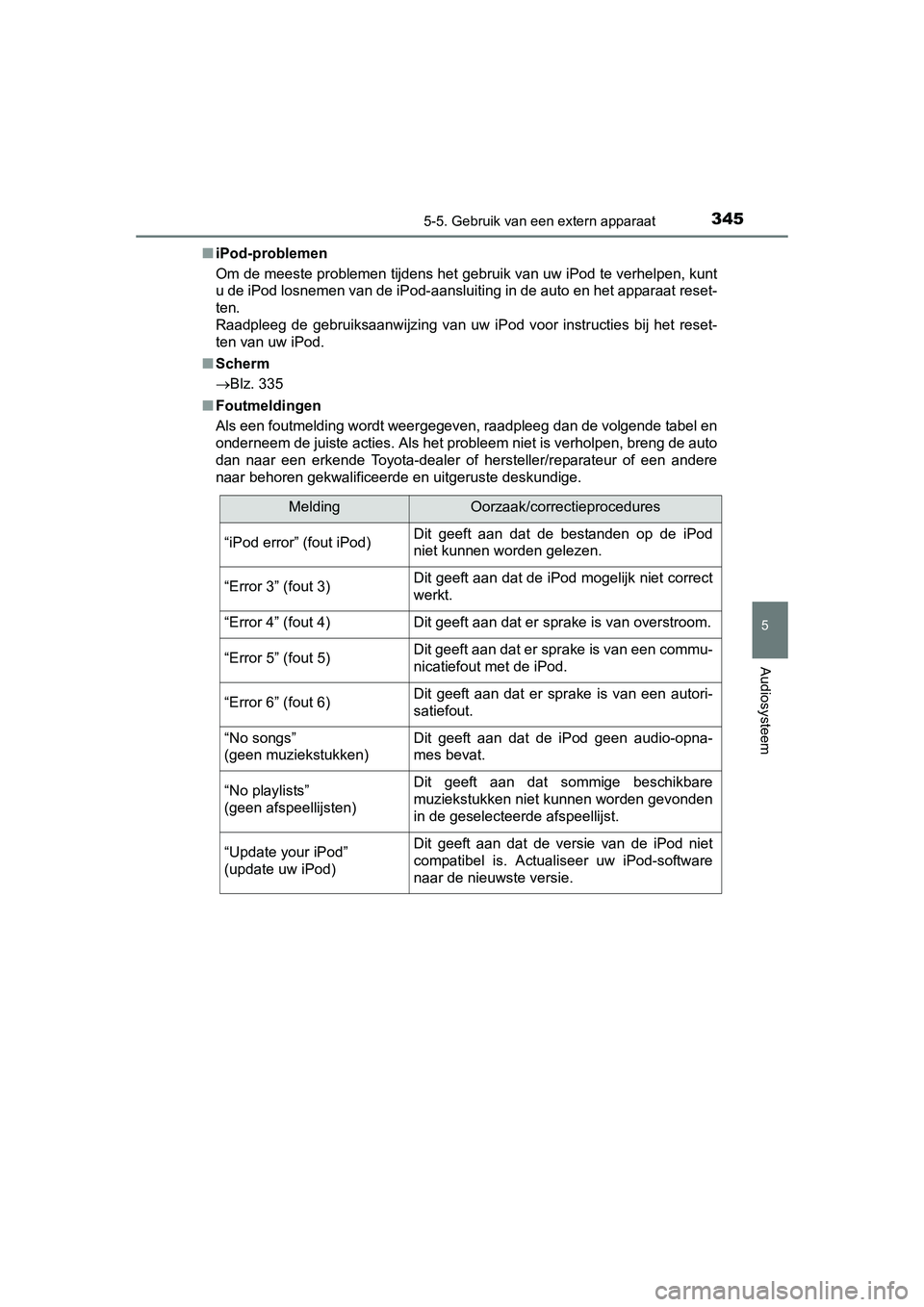 TOYOTA AURIS 2016 Instructieboekje (in Dutch) 3455-5. Gebruik van een extern apparaat
UK AURIS_HB_EE (OM12J21E)
5
Audiosysteem
■iPod-problemen
Om de meeste problemen tijdens het gebruik van uw iPod te verhelpen, kunt
u de iPod losnemen van de i TOYOTA AURIS 2016 Instructieboekje (in Dutch) 3455-5. Gebruik van een extern apparaat
UK AURIS_HB_EE (OM12J21E)
5
Audiosysteem
■iPod-problemen
Om de meeste problemen tijdens het gebruik van uw iPod te verhelpen, kunt
u de iPod losnemen van de i