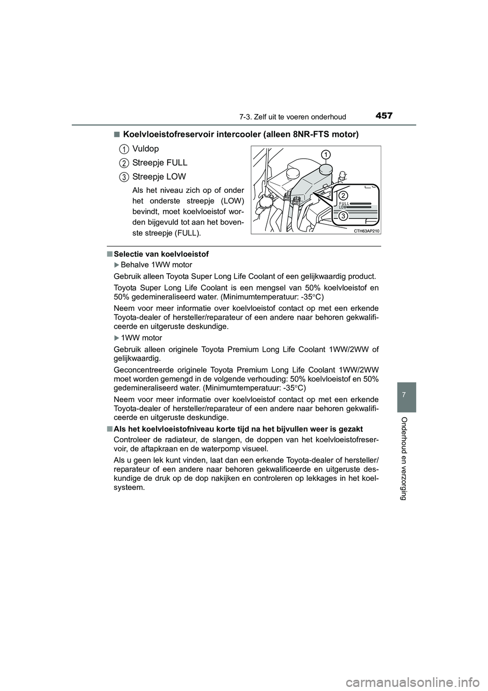TOYOTA AURIS 2016  Instructieboekje (in Dutch) 4577-3. Zelf uit te voeren onderhoud
UK AURIS_HB_EE (OM12J21E)
7
Onderhoud en verzorging
■Koelvloeistofreservoir intercooler (alleen 8NR-FTS motor)
Vuldop
Streepje FULL
Streepje LOW
Als het niveau z