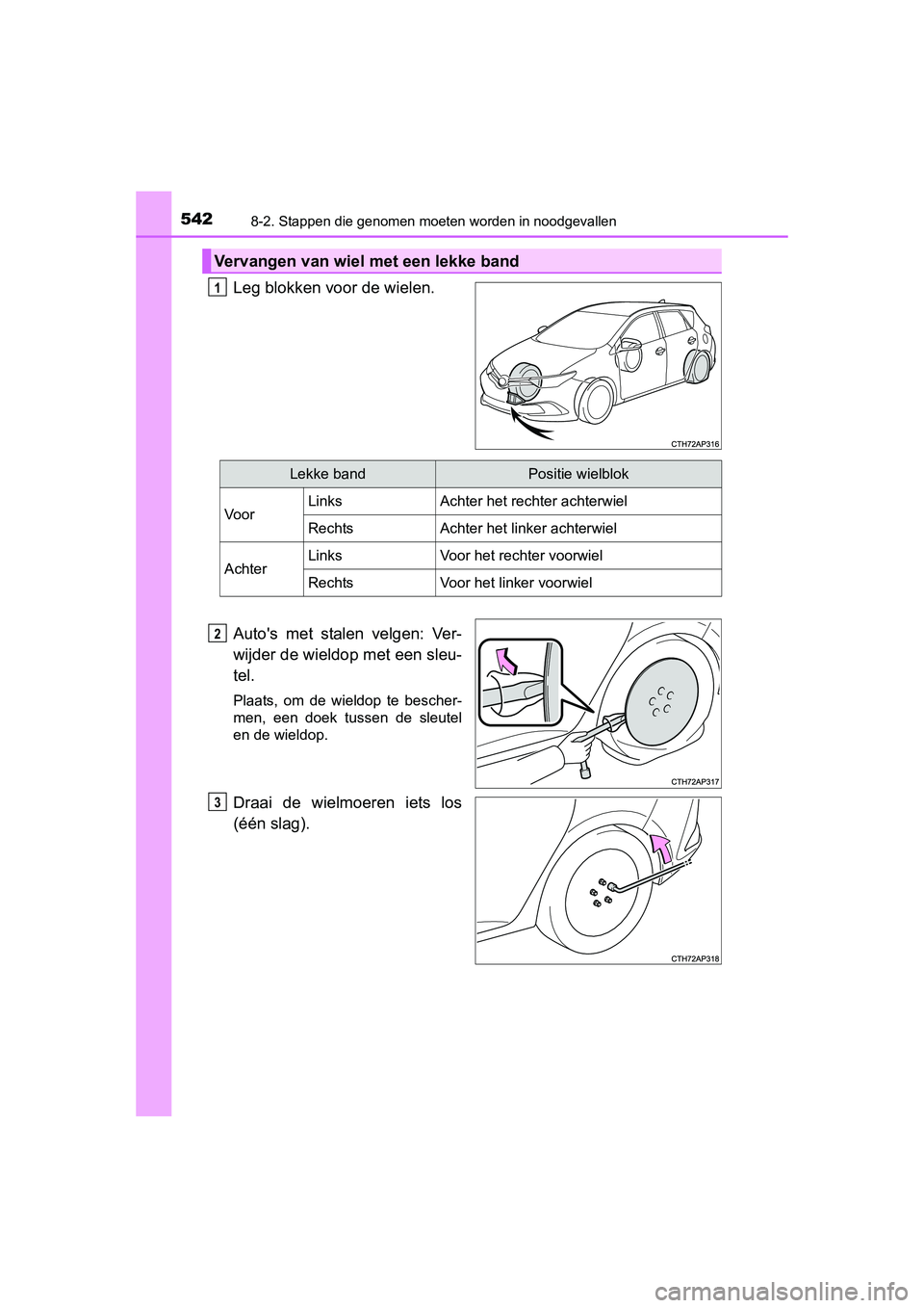 TOYOTA AURIS 2016 Instructieboekje (in Dutch) 5428-2. Stappen die genomen moeten worden in noodgevallen
UK AURIS_HB_EE (OM12J21E)
Leg blokken voor de wielen.
Autos met stalen velgen: Ver-
wijder de wieldop met een sleu-
tel.
Plaats, om de wieldo TOYOTA AURIS 2016 Instructieboekje (in Dutch) 5428-2. Stappen die genomen moeten worden in noodgevallen
UK AURIS_HB_EE (OM12J21E)
Leg blokken voor de wielen.
Autos met stalen velgen: Ver-
wijder de wieldop met een sleu-
tel.
Plaats, om de wieldo