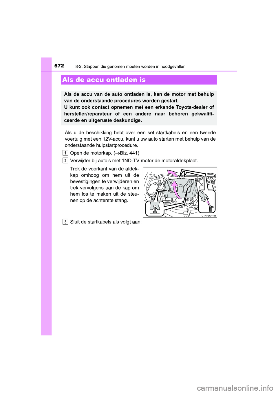 TOYOTA AURIS 2016 Instructieboekje (in Dutch) 5728-2. Stappen die genomen moeten worden in noodgevallen
UK AURIS_HB_EE (OM12J21E)
Als u de beschikking hebt over een set startkabels en een tweede
voertuig met een 12V-accu, kunt u uw auto starten m TOYOTA AURIS 2016 Instructieboekje (in Dutch) 5728-2. Stappen die genomen moeten worden in noodgevallen
UK AURIS_HB_EE (OM12J21E)
Als u de beschikking hebt over een set startkabels en een tweede
voertuig met een 12V-accu, kunt u uw auto starten m