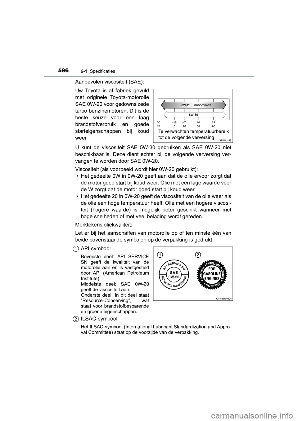 TOYOTA AURIS 2016  Instructieboekje (in Dutch) 5969-1. Specificaties
UK AURIS_HB_EE (OM12J21E)
Aanbevolen viscositeit (SAE):
Uw Toyota is af fabriek gevuld
met originele Toyota-motorolie
SAE 0W-20 voor gedownsizede
turbo benzinemotoren. Dit is de
