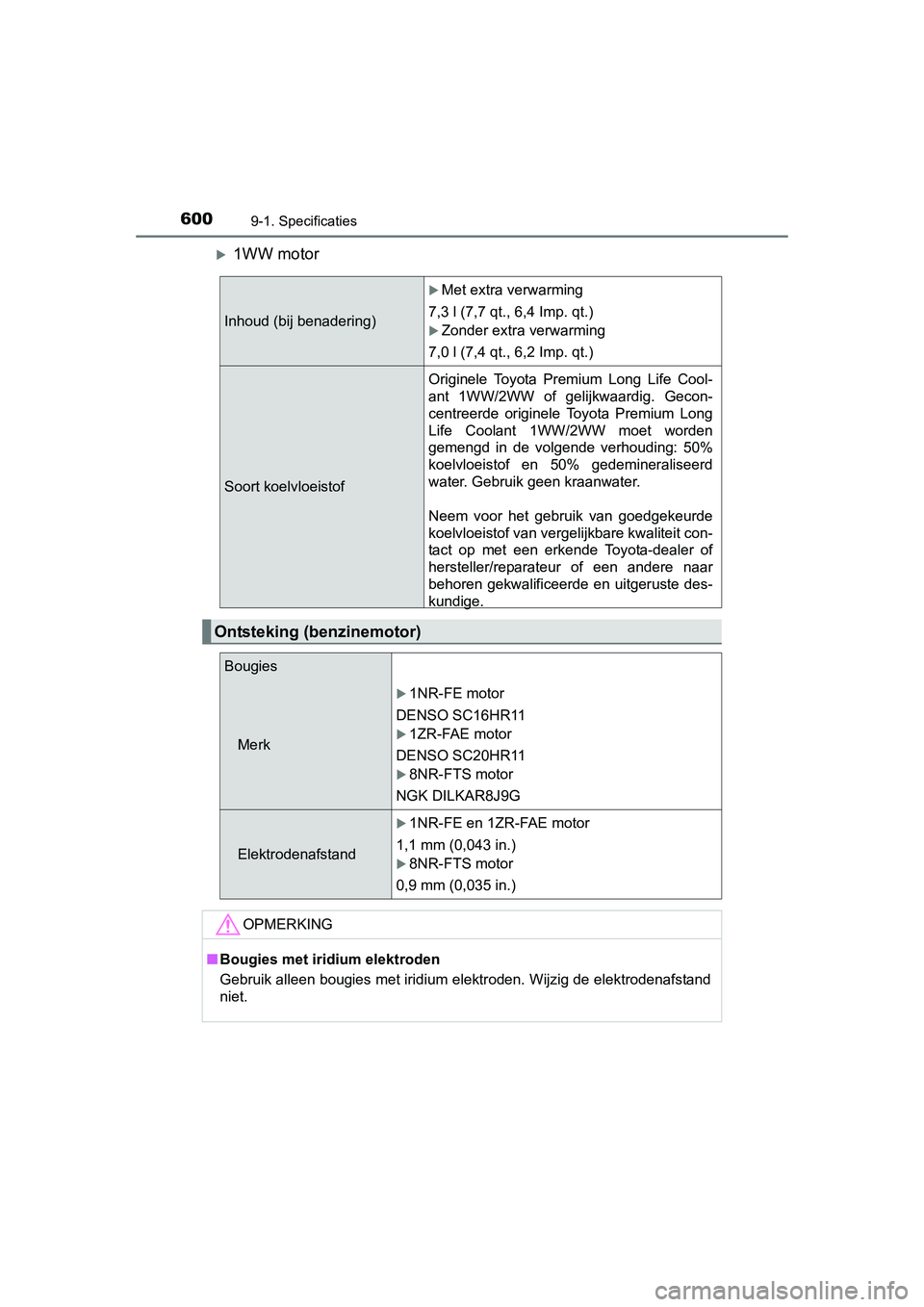 TOYOTA AURIS 2016  Instructieboekje (in Dutch) 6009-1. Specificaties
UK AURIS_HB_EE (OM12J21E)
1WW motor
Inhoud (bij benadering)
Met extra verwarming
7,3 l (7,7 qt., 6,4 Imp. qt.)
Zonder extra verwarming
7,0 l (7,4 qt., 6,2 Imp. qt.)
Soor