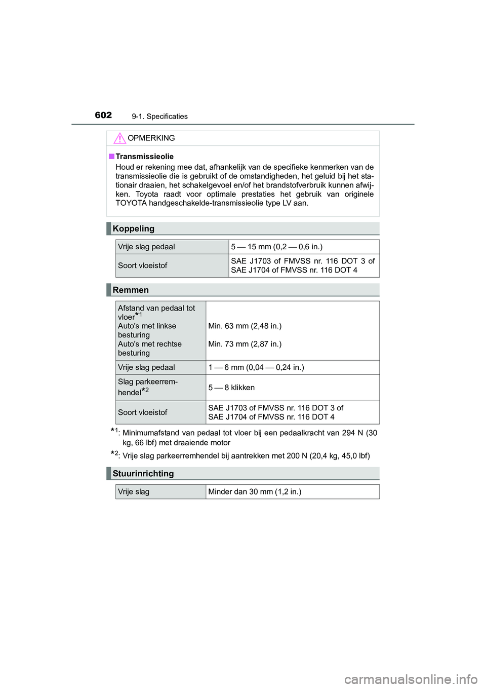 TOYOTA AURIS 2016  Instructieboekje (in Dutch) 6029-1. Specificaties
UK AURIS_HB_EE (OM12J21E)
*1: Minimumafstand van pedaal tot vloer bij een pedaalkracht van 294 N (30kg, 66 lbf) met draaiende motor
*2: Vrije slag parkeerremhendel bij aantrekken