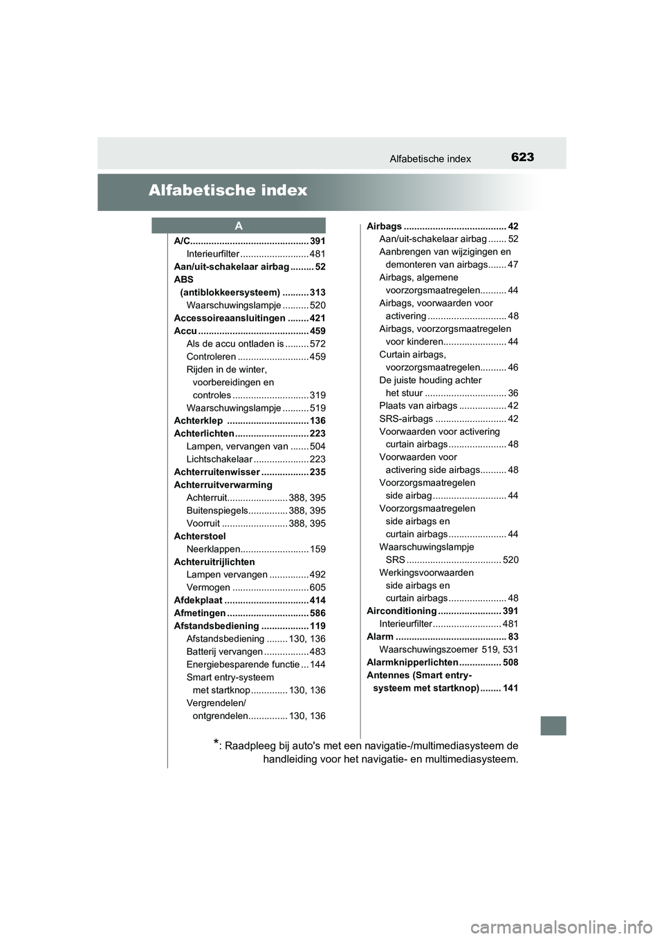TOYOTA AURIS 2016 Instructieboekje (in Dutch) 623
UK AURIS_HB_EE (OM12J21E)
Alfabetische index
Alfabetische index
A/C............................................. 391Interieurfilter .......................... 481
Aan/uit-schakelaar airbag ....... TOYOTA AURIS 2016 Instructieboekje (in Dutch) 623
UK AURIS_HB_EE (OM12J21E)
Alfabetische index
Alfabetische index
A/C............................................. 391Interieurfilter .......................... 481
Aan/uit-schakelaar airbag .......
