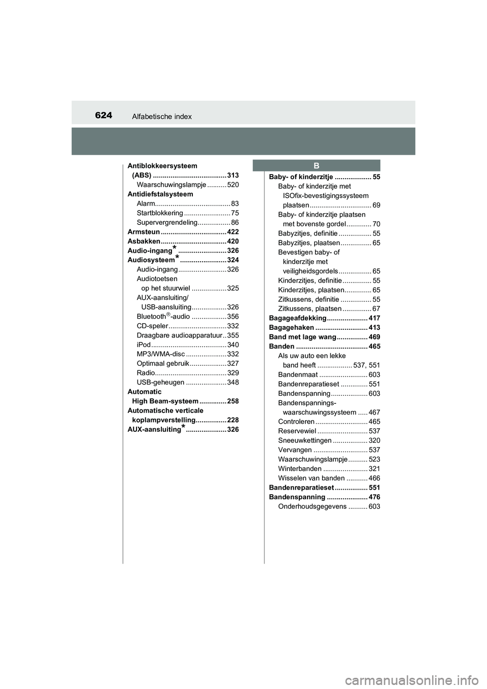 TOYOTA AURIS 2016  Instructieboekje (in Dutch) 624Alfabetische index
UK AURIS_HB_EE (OM12J21E)
Antiblokkeersysteem (ABS) ...................................... 313
Waarschuwingslampje .......... 520
Antidiefstalsysteem Alarm.......................