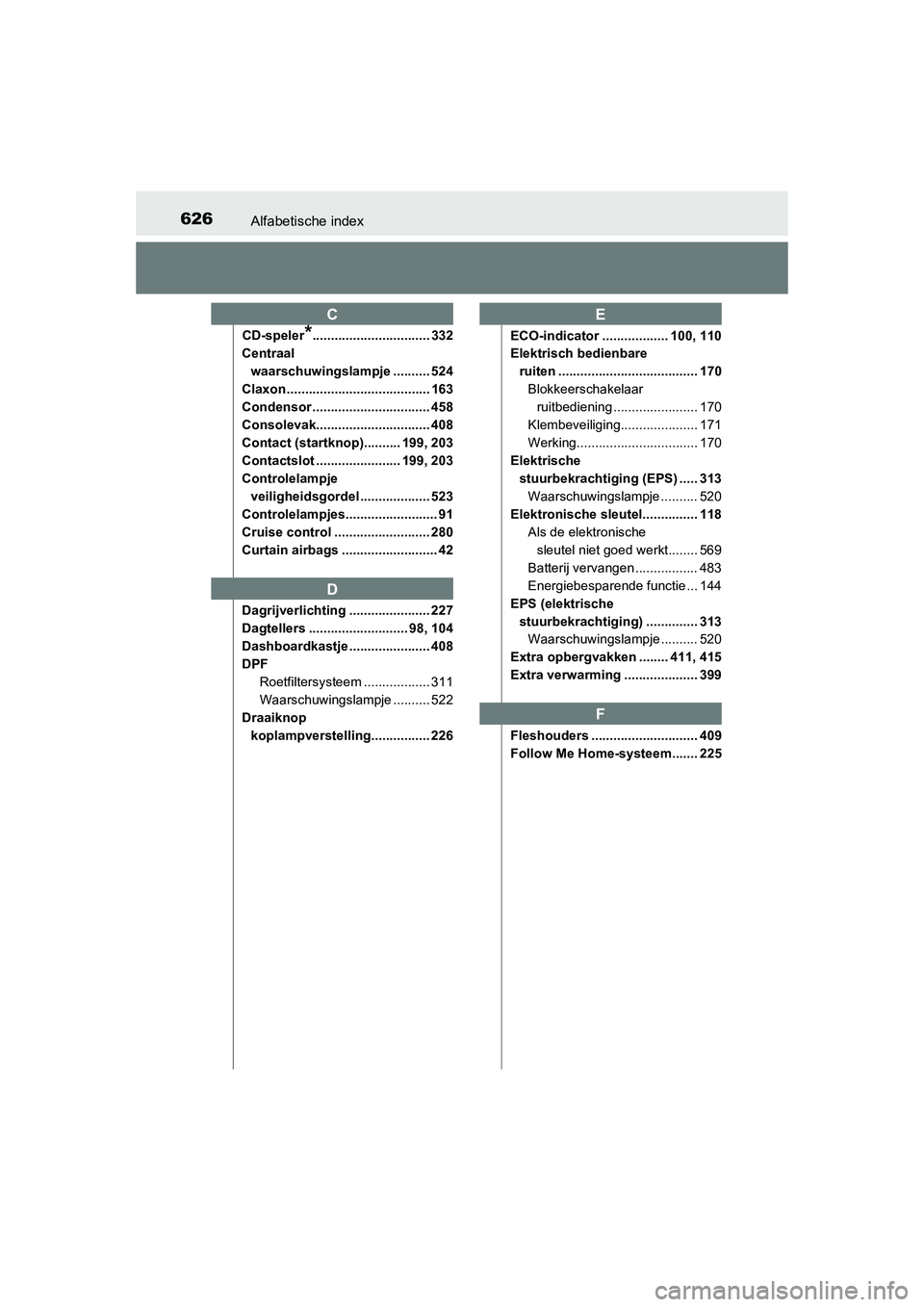 TOYOTA AURIS 2016  Instructieboekje (in Dutch) 626Alfabetische index
UK AURIS_HB_EE (OM12J21E)
CD-speler*................................ 332
Centraal 
waarschuwingslampje .......... 524
Claxon ....................................... 163
Condensor