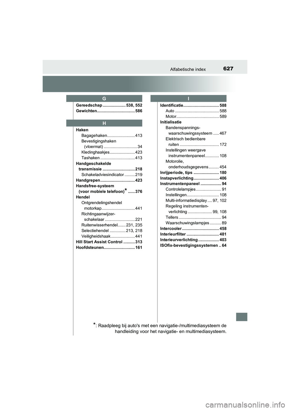 TOYOTA AURIS 2016  Instructieboekje (in Dutch) 627Alfabetische index
UK AURIS_HB_EE (OM12J21E)
Gereedschap .................... 538, 552
Gewichten................................. 586
HakenBagagehaken ........................ 413
Bevestigingshaken