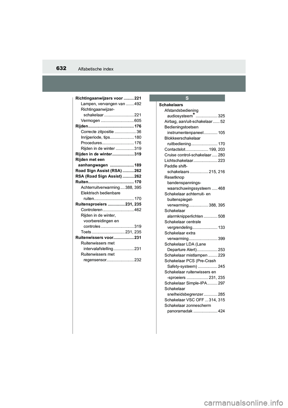 TOYOTA AURIS 2016  Instructieboekje (in Dutch) 632Alfabetische index
UK AURIS_HB_EE (OM12J21E)
Richtingaanwijzers voor ......... 221Lampen, vervangen van ....... 492
Richtingaanwijzer-
schakelaar .......................... 221
Vermogen ...........