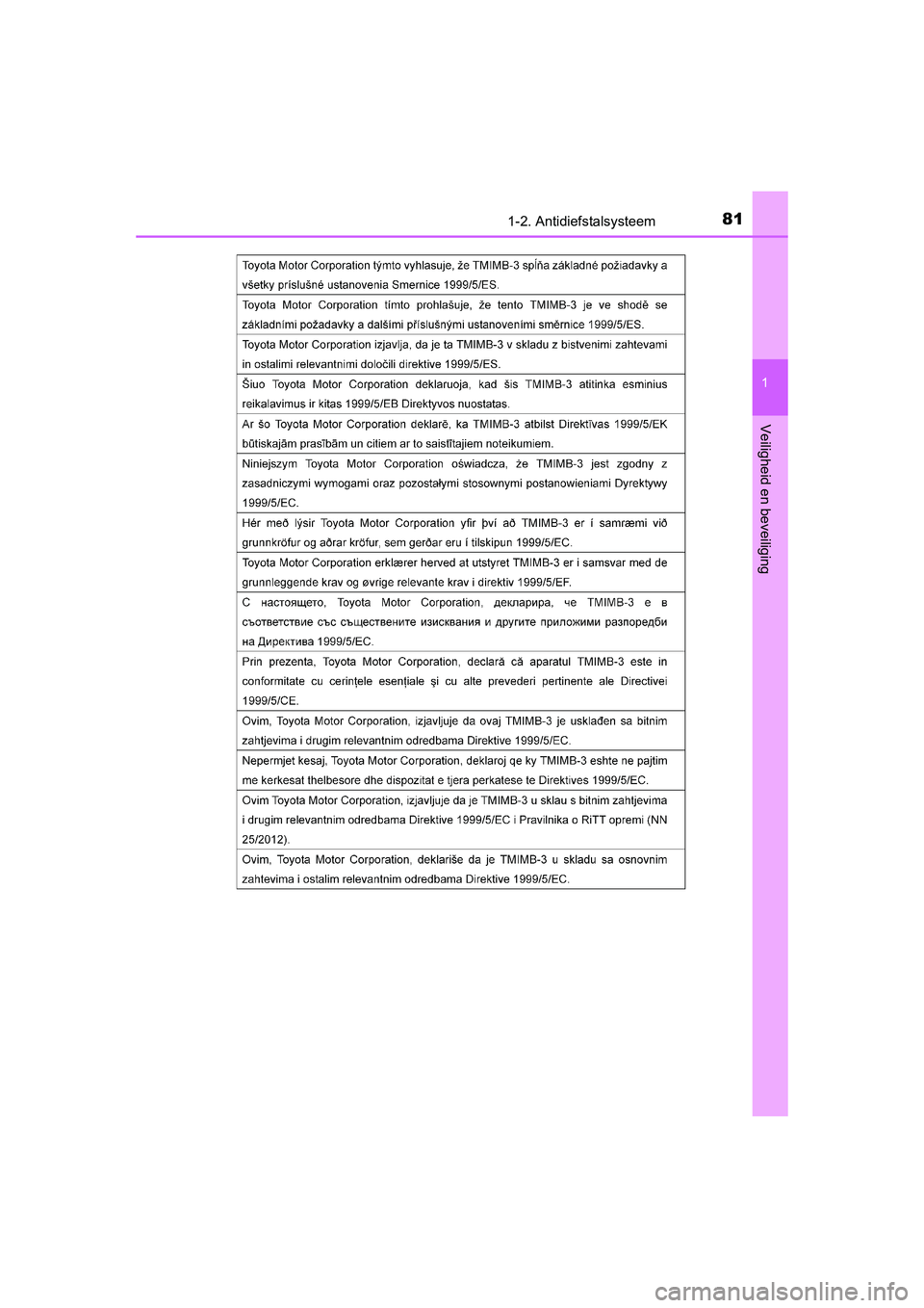TOYOTA AURIS 2016 Instructieboekje (in Dutch) 811-2. Antidiefstalsysteem
1
Veiligheid en beveiliging
UK AURIS_HB_EE (OM12J21E)
UK AURIS_HB_OM_EE_OM12J21E.book Page 81 Monday, March 16, 2015 12:05 PM TOYOTA AURIS 2016 Instructieboekje (in Dutch) 811-2. Antidiefstalsysteem
1
Veiligheid en beveiliging
UK AURIS_HB_EE (OM12J21E)
UK AURIS_HB_OM_EE_OM12J21E.book Page 81 Monday, March 16, 2015 12:05 PM