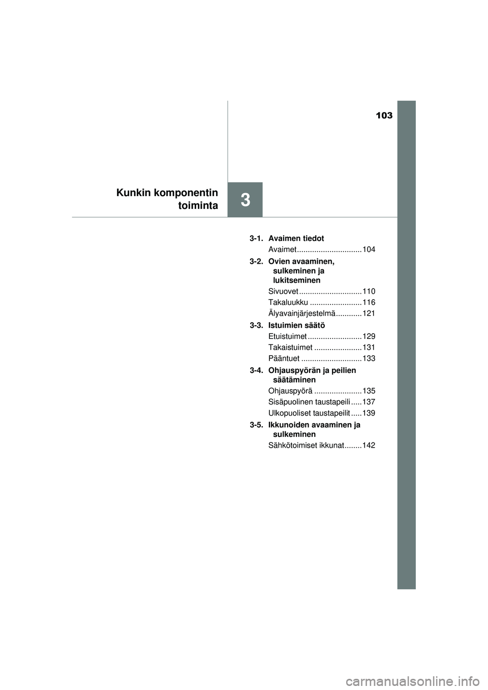 TOYOTA AURIS 2016  Omistajan Käsikirja (in Finnish) 103
3
Kunkin komponentintoiminta
OM12J21FI 3-1. Avaimen tiedot
Avaimet .............................. 104
3-2. Ovien avaaminen,  sulkeminen ja 
lukitseminen
Sivuovet ............................. 110
