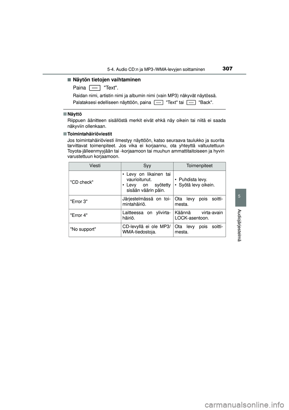 TOYOTA AURIS 2016  Omistajan Käsikirja (in Finnish) 3075-4. Audio CD:n ja MP3-/WMA-levyjen soittaminen
OM12J21FI
5
Audiojärjestelmä
■Näytön tietojen vaihtaminen
Paina  "Text".
Raidan nimi, artistin nimi ja albumin nimi (vain MP3) näkyvät näyt�