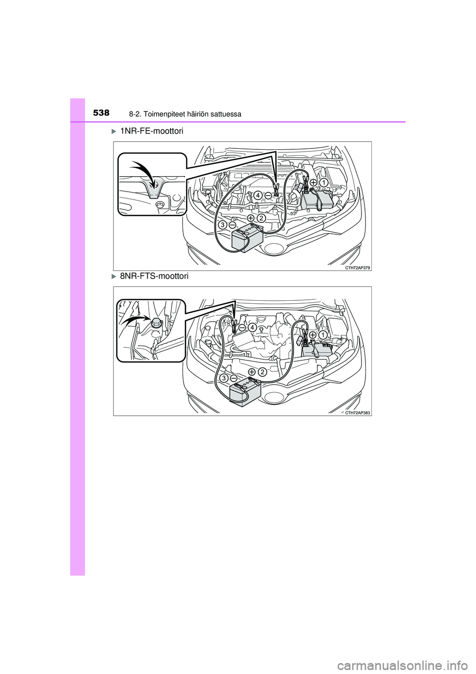 TOYOTA AURIS 2016  Omistajan Käsikirja (in Finnish) 5388-2. Toimenpiteet häiriön sattuessa
OM12J21FI
�X1NR-FE-moottori
�X8NR-FTS-moottori
OM12J21FI.book  Page 538  Saturday, August 22, 2015  10:40 AM 