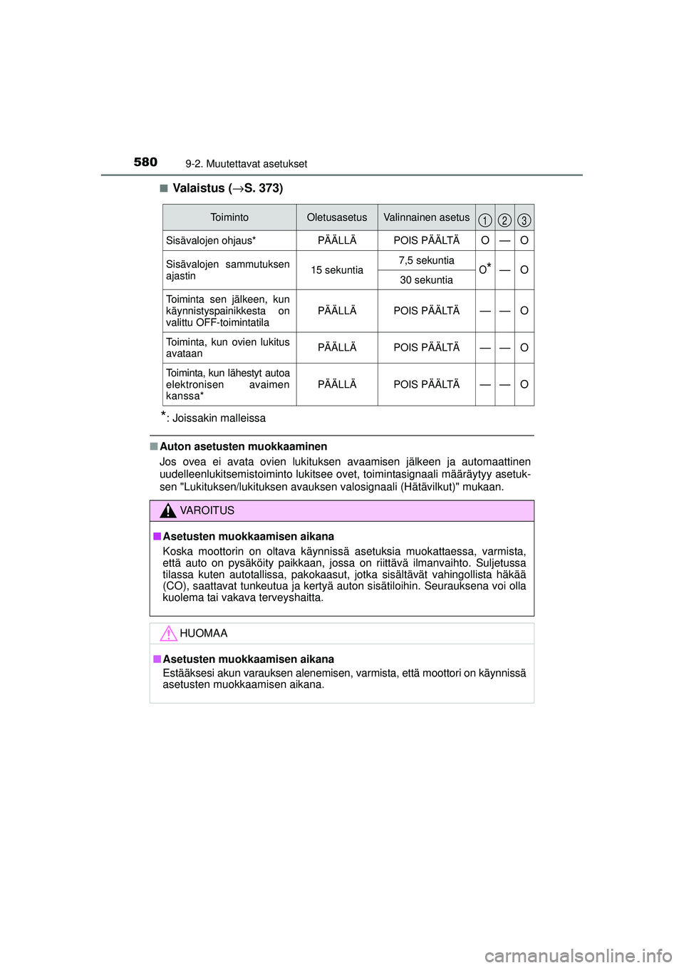 TOYOTA AURIS 2016 Omistajan Käsikirja (in Finnish) 5809-2. Muutettavat asetukset
OM12J21FI■
Va l a i s t u s (
→S. 373)
*: Joissakin malleissa
■Auton asetusten muokkaaminen
Jos ovea ei avata ovien lukituksen avaamisen jälkeen ja automaattinen
TOYOTA AURIS 2016 Omistajan Käsikirja (in Finnish) 5809-2. Muutettavat asetukset
OM12J21FI■
Va l a i s t u s (
→S. 373)
*: Joissakin malleissa
■Auton asetusten muokkaaminen
Jos ovea ei avata ovien lukituksen avaamisen jälkeen ja automaattinen