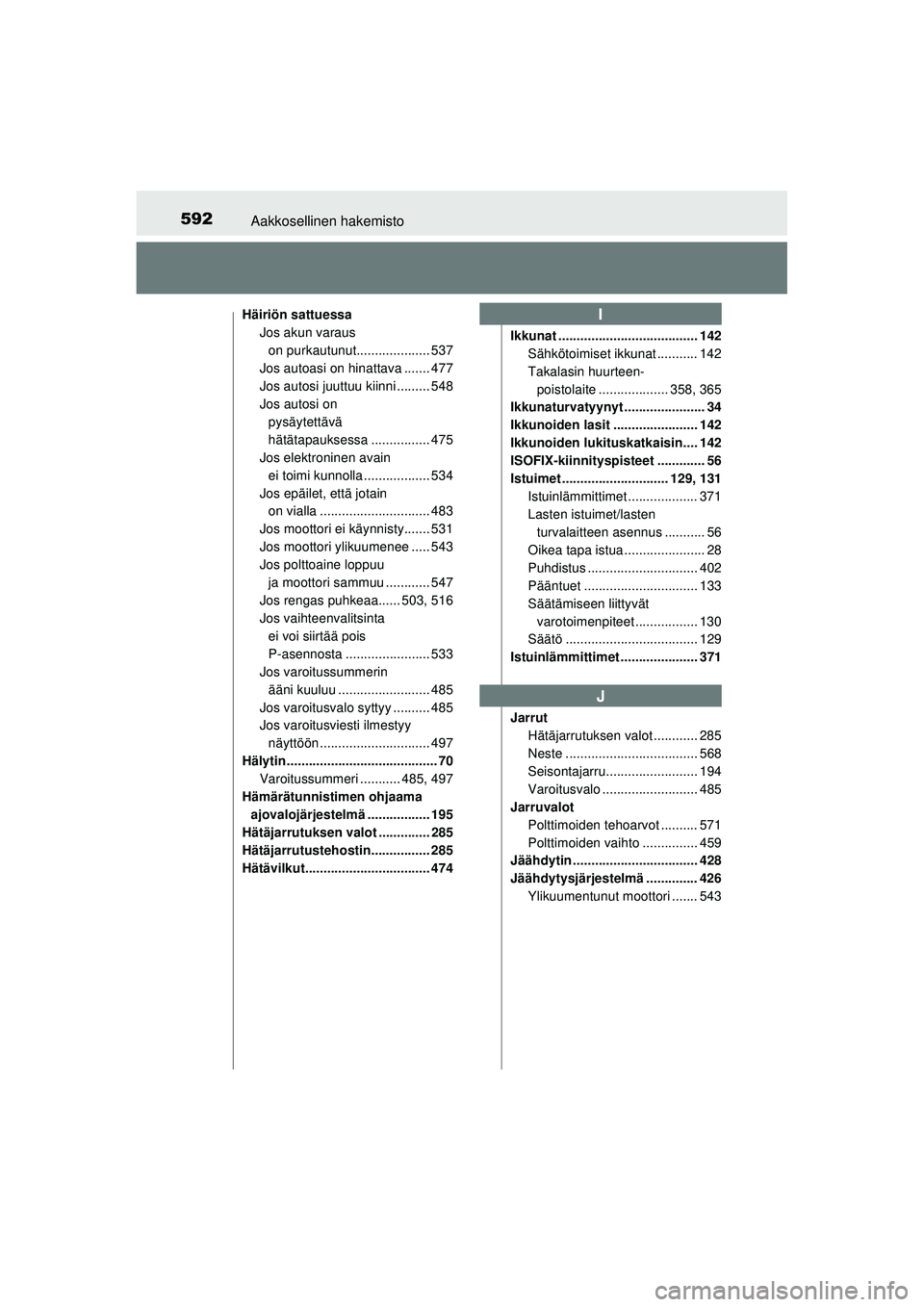 TOYOTA AURIS 2016  Omistajan Käsikirja (in Finnish) 592Aakkosellinen hakemisto
OM12J21FI
Häiriön sattuessaJos akun varaus 
on purkautunut.................... 537
Jos autoasi on hinattava ....... 477
Jos autosi juuttuu kiinni ......... 548
Jos autosi 