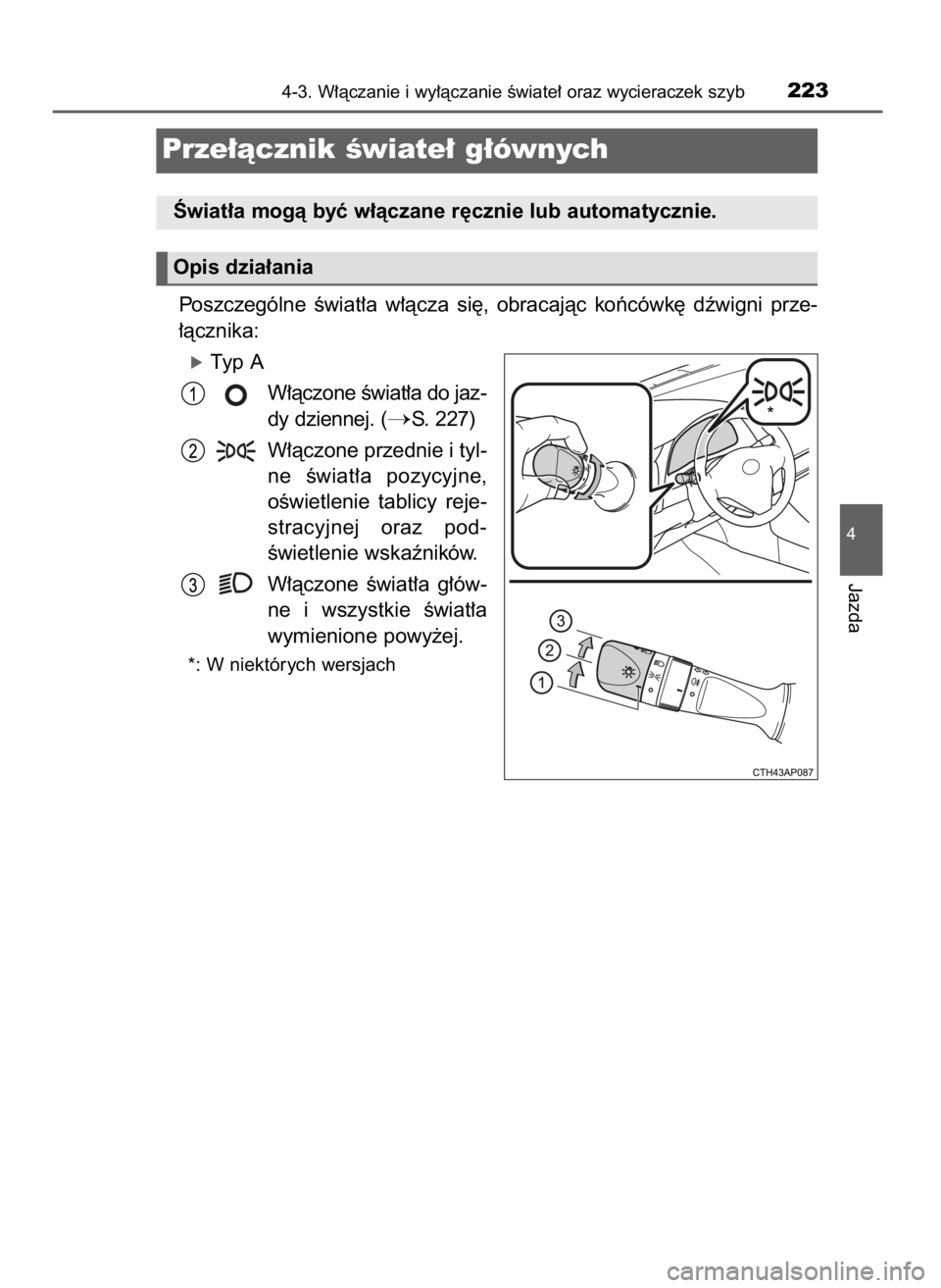 TOYOTA AURIS 2016  Instrukcja obsługi (in Polish) Poszczególne  Êwiat∏a  w∏àcza  si´,  obracajàc  koƒcówk´  dêwigni  prze-
∏àcznika:
óTyp A
W∏àczone Êwiat∏a do jaz-
dy dziennej. (
S. 227)
W∏àczone przednie i tyl-
ne  Êwiat
