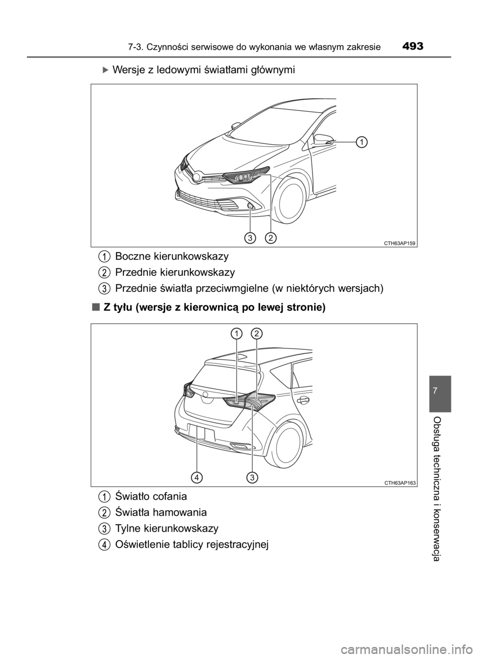 TOYOTA AURIS 2016  Instrukcja obsługi (in Polish) óWersje z ledowymi Êwiat∏ami g∏ównymi
Boczne kierunkowskazy
Przednie kierunkowskazy
Przednie Êwiat∏a przeciwmgielne (w niektórych wersjach)
Z ty∏u (wersje z kierownicà po lewej stronie)
