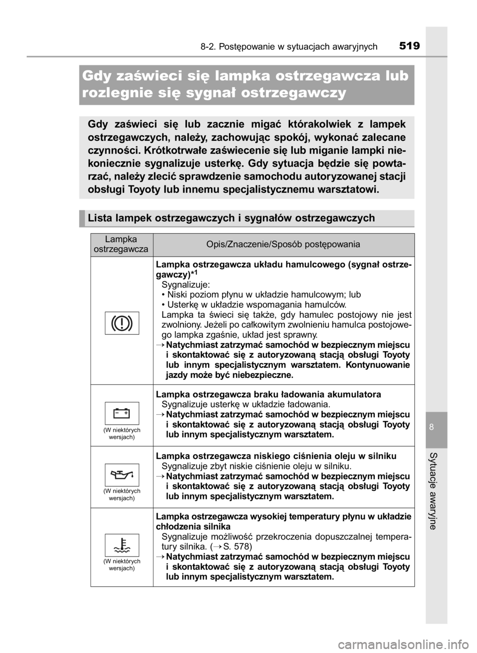 TOYOTA AURIS 2016  Instrukcja obsługi (in Polish) 8-2. Post´powanie w sytuacjach awaryjnych519
8
Sytuacje awaryjne
Lampka ostrzegawcza uk∏adu hamulcowego (sygna∏ ostrze-
gawczy)*1
Sygnalizuje:
• Niski poziom p∏ynu w uk∏adzie hamulcowym; lu