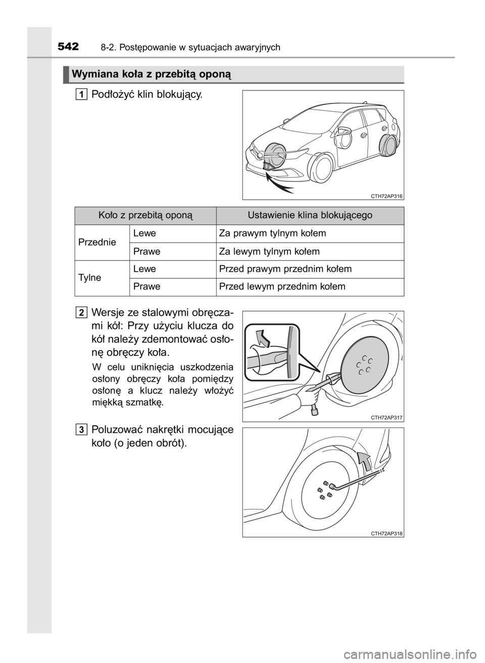 TOYOTA AURIS 2016  Instrukcja obsługi (in Polish) Pod∏o˝yç klin blokujàcy.
Wersje ze stalowymi obr´cza-
mi  kó∏:  Przy  u˝yciu  klucza  do
kó∏ nale˝y zdemontowaç os∏o-
n´ obr´czy ko∏a.
W celu  unikni´cia  uszkodzenia
os∏ony  o