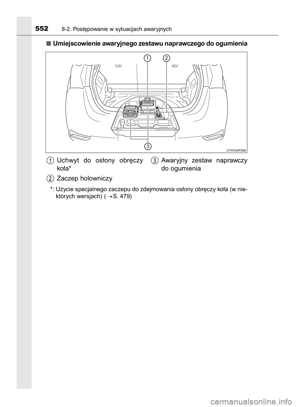 TOYOTA AURIS 2016  Instrukcja obsługi (in Polish) Umiejscowienie awaryjnego zestawu naprawczego do ogumienia
*: U˝ycie specjalnego zaczepu do zdejmowania os∏ony obr´czy ko∏a (w nie-
których wersjach) (
S. 479)
5528-2. Post´powanie w sytuacja