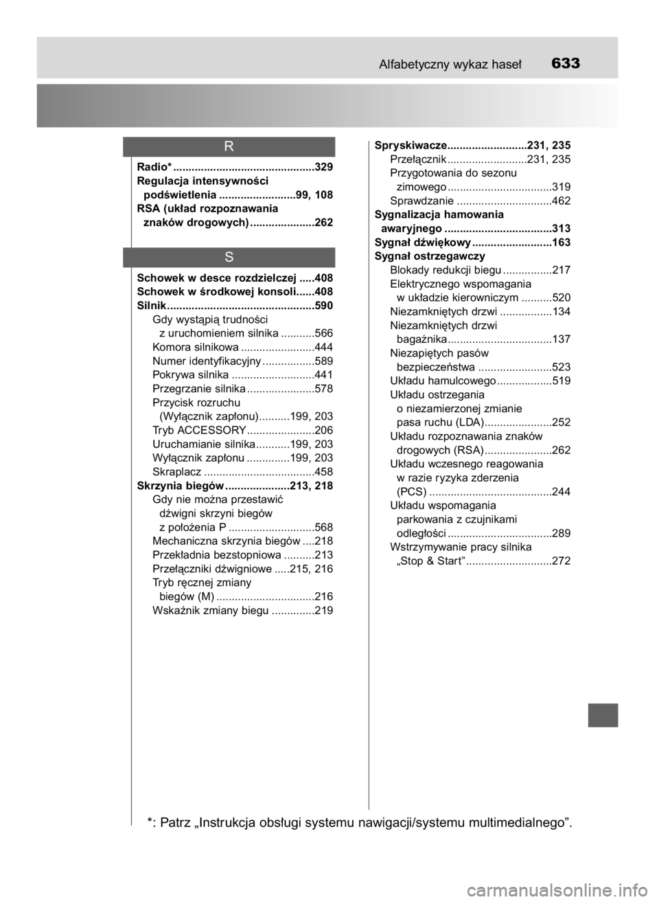 TOYOTA AURIS 2016  Instrukcja obsługi (in Polish) Alfabetyczny wykaz hase∏633
Radio* ..............................................329
Regulacja intensywnoÊci 
podÊwietlenia .........................99, 108
RSA (uk∏ad rozpoznawania 
znaków dro