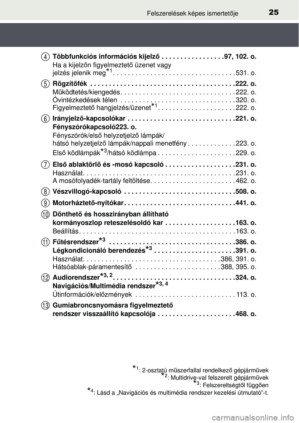 TOYOTA AURIS 2016  Kezelési útmutató (in Hungarian) 25Felszerelések képes ismertetője
Többfunkciós információs kijelz ő . . . . . . . . . . . . . . . . . 97, 102. o.
Ha a kijelz őn figyelmeztet ő üzenet vagy 
jelzés jelenik meg
*1. . . . . 